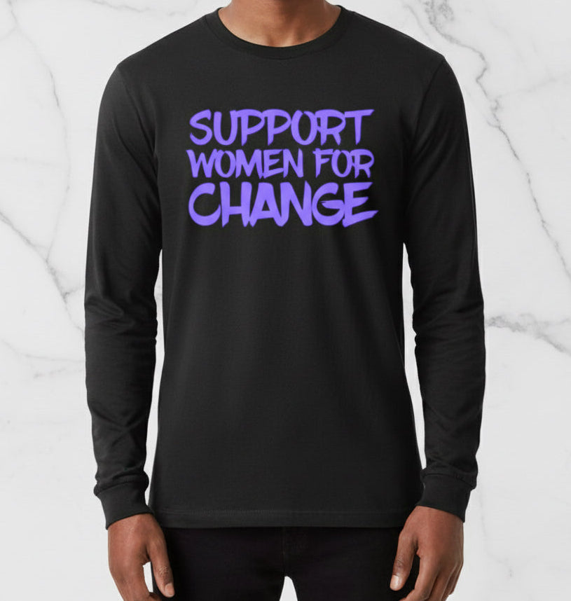 Long Sleeve Support Woman For Change Basic Purple Designed T-Shirt