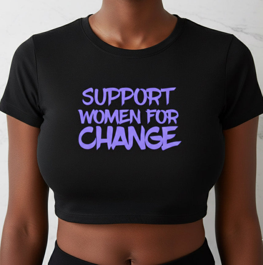 Crop Top Support Woman For Change Basic Purple Designed T-Shirt